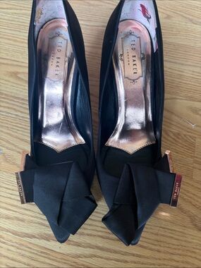Ted Baker Black Satin Bow Pumps with Rose Gold Trim